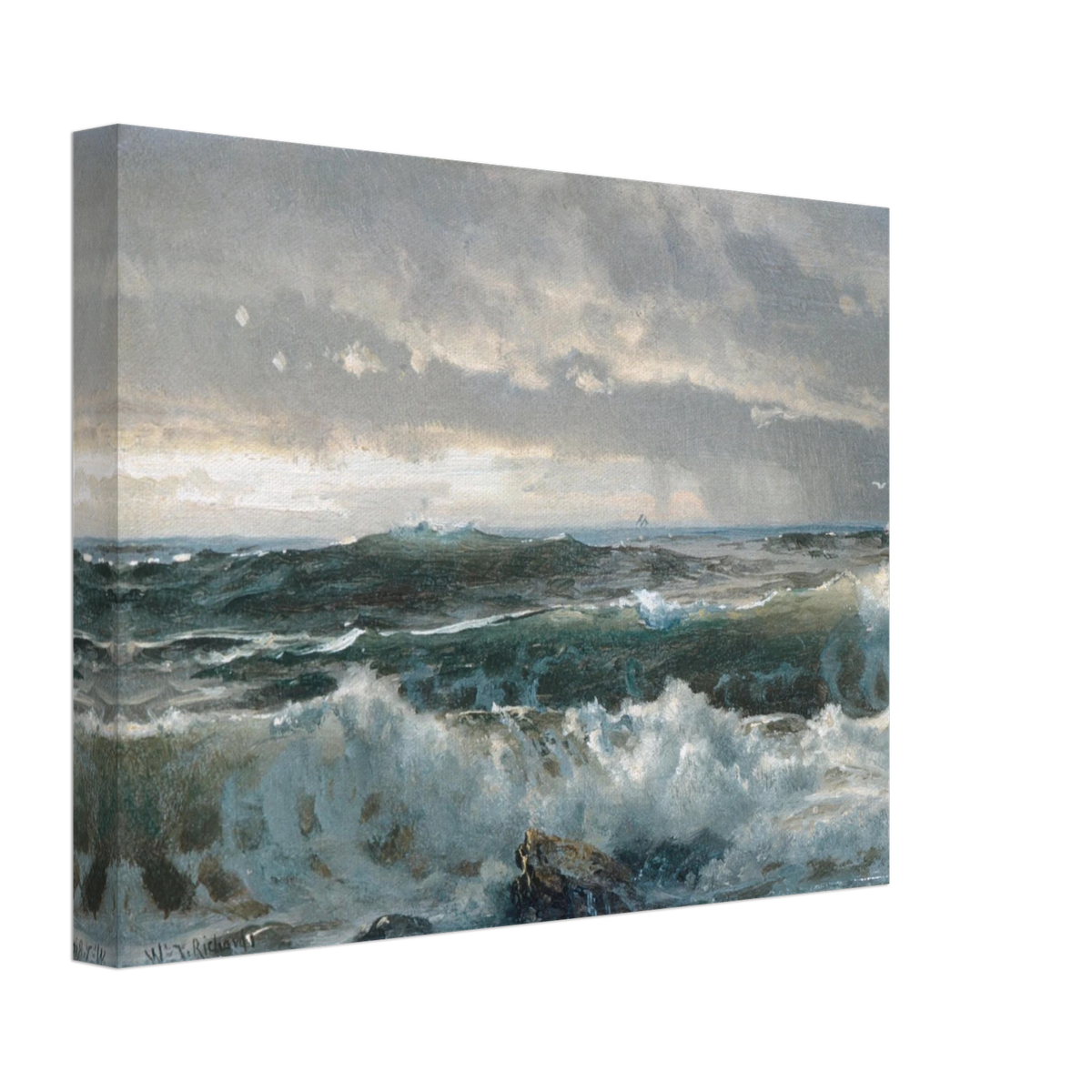 Stormy waves crash over dark rocks beneath heavy gray clouds in a dramatic seascape.