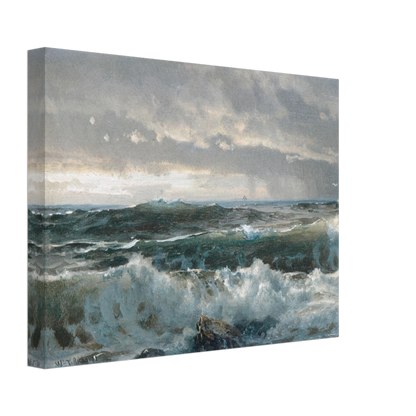 Stormy waves crash over dark rocks beneath heavy gray clouds in a dramatic seascape.