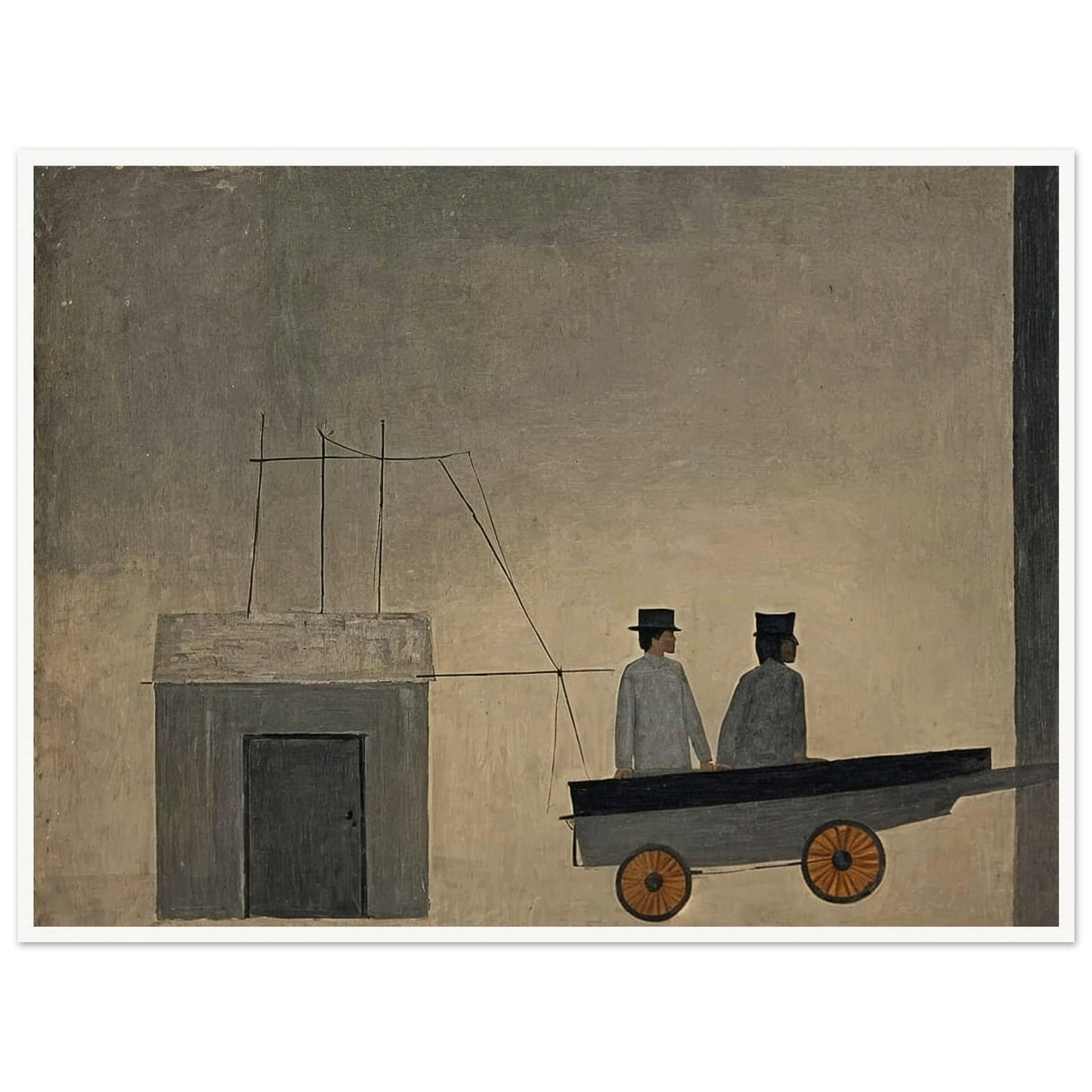 A minimalistic painting depicting two figures in a cart with orange wheels, set against a muted, textured background, creating a sense of mystery.