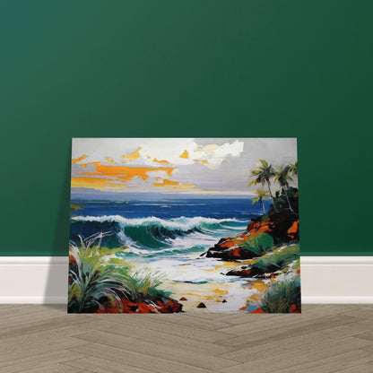 A vibrant painting of an ocean wave crashing onto a rocky coastline with palm trees and a colorful sky at sunset, exuding serenity.