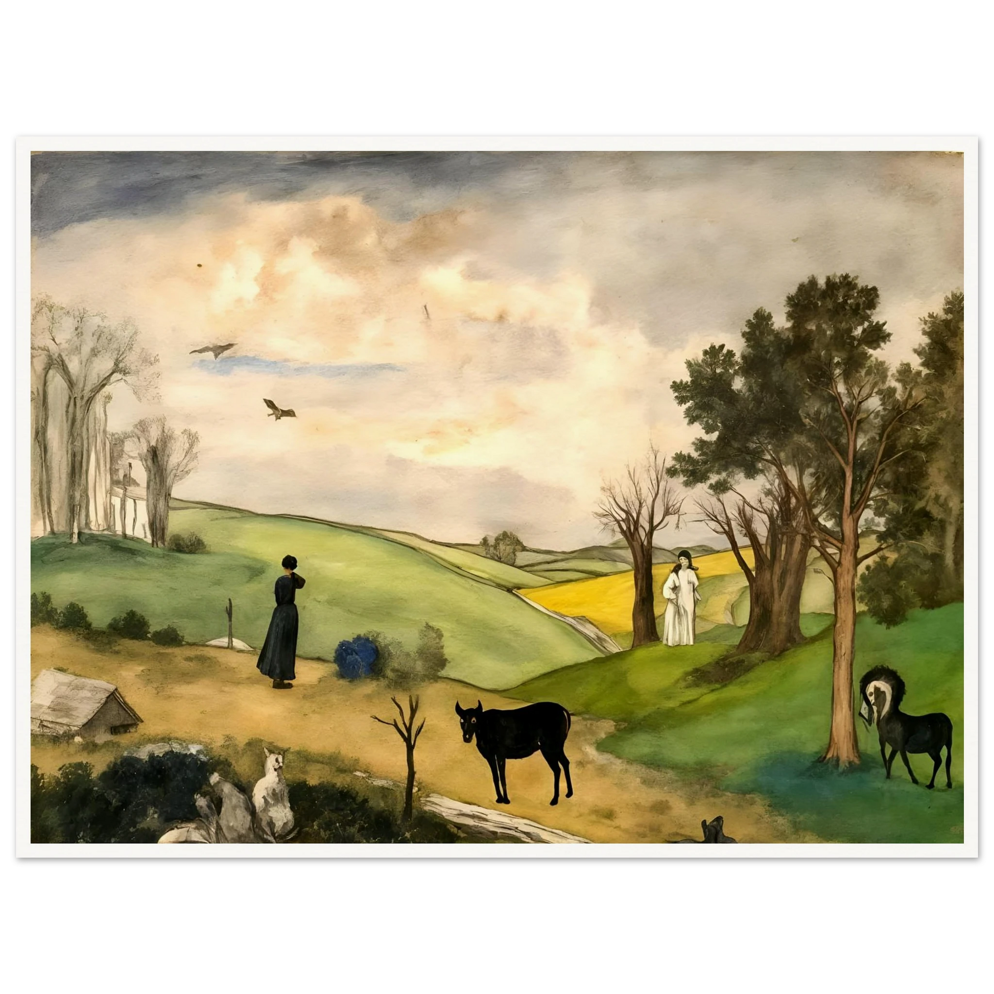 Figures, horses, birds, and trees rest across rolling green hills beneath a soft cloudy sky.
