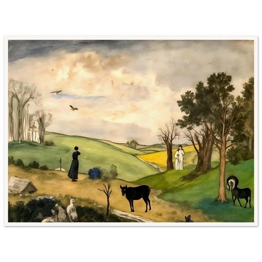 Figures, horses, birds, and trees rest across rolling green hills beneath a soft cloudy sky.