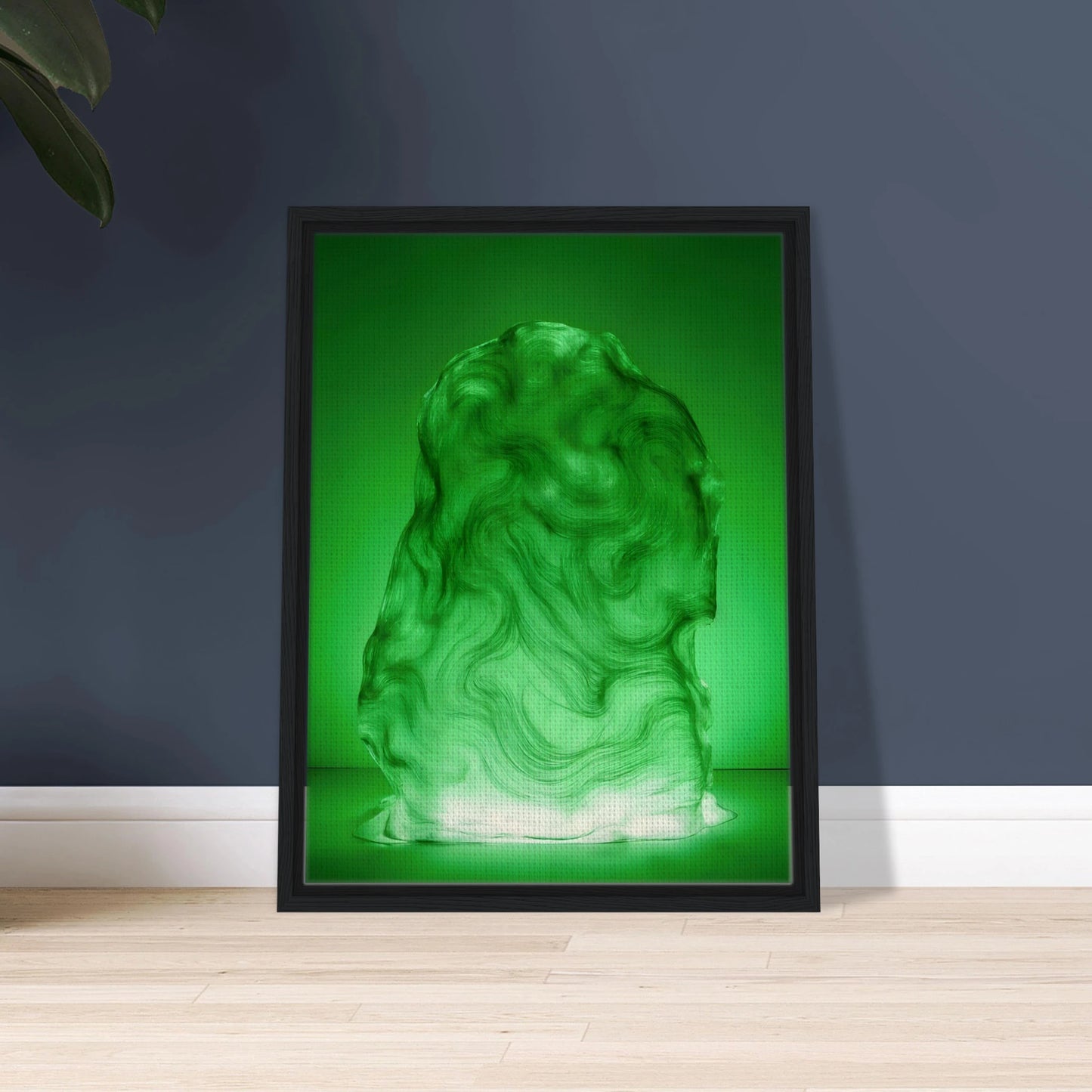 Glowing green sculptural form with fluid marbled swirls rises like illuminated jade, blending movement, mystery, and organic elegance.