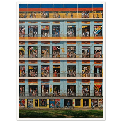 A detailed painting of a multistory building with numerous windows, each depicting different scenes of daily life.