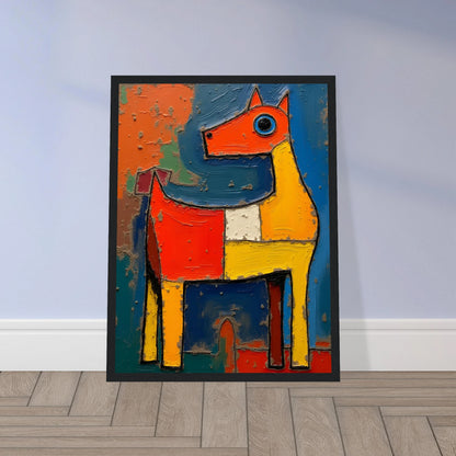 A bold, textured painting of a stylized horse in bright red, yellow, and blue tones, radiating playful and untamed energy.
