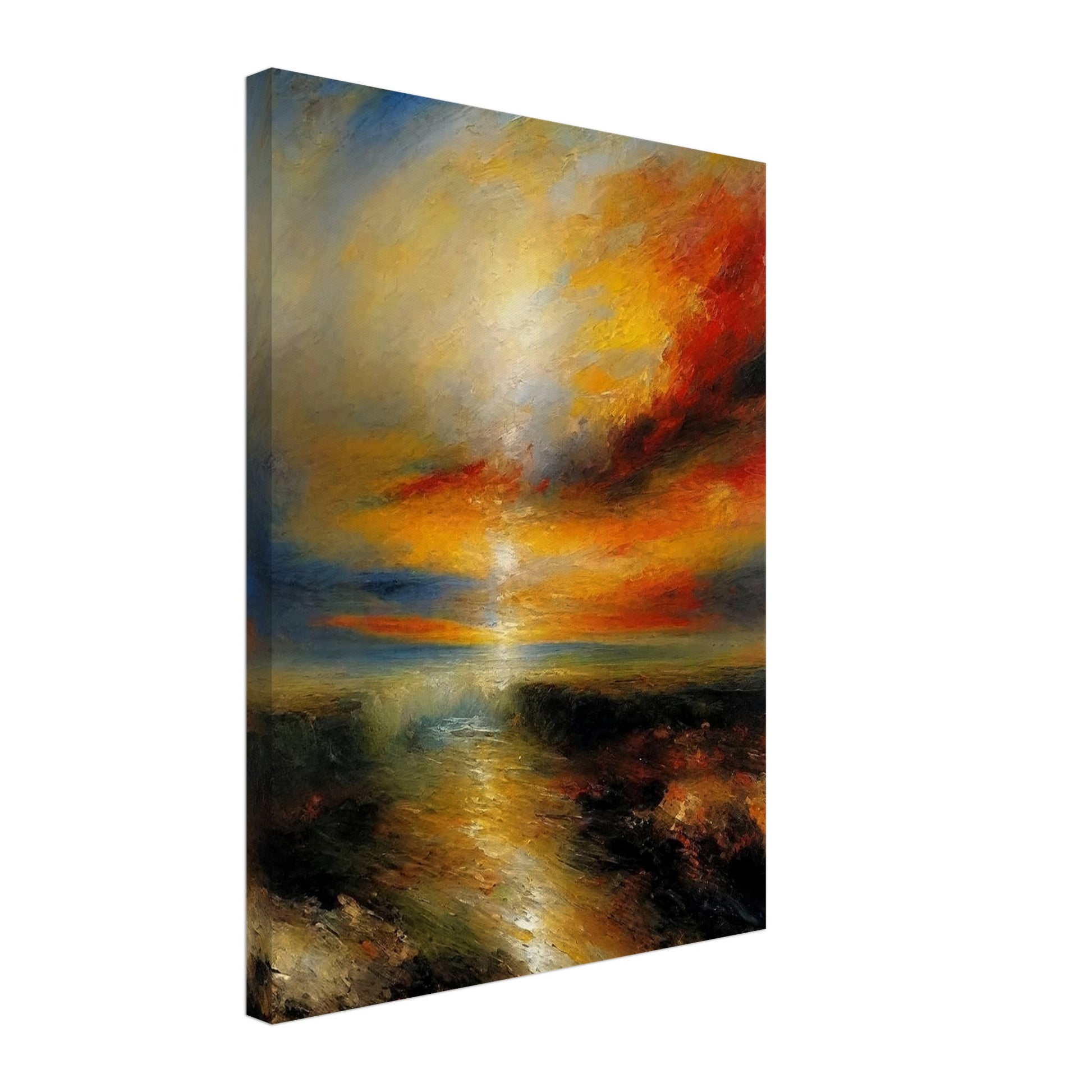 A vibrant painting capturing a dramatic sunset over a landscape. The sky is filled with intense hues of orange, red, and blue, blending seamlessly as the sun descends, casting a warm glow over the water below.