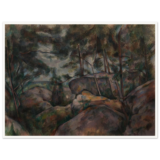 Boulders and slender trees fill a shaded Fontainebleau forest landscape