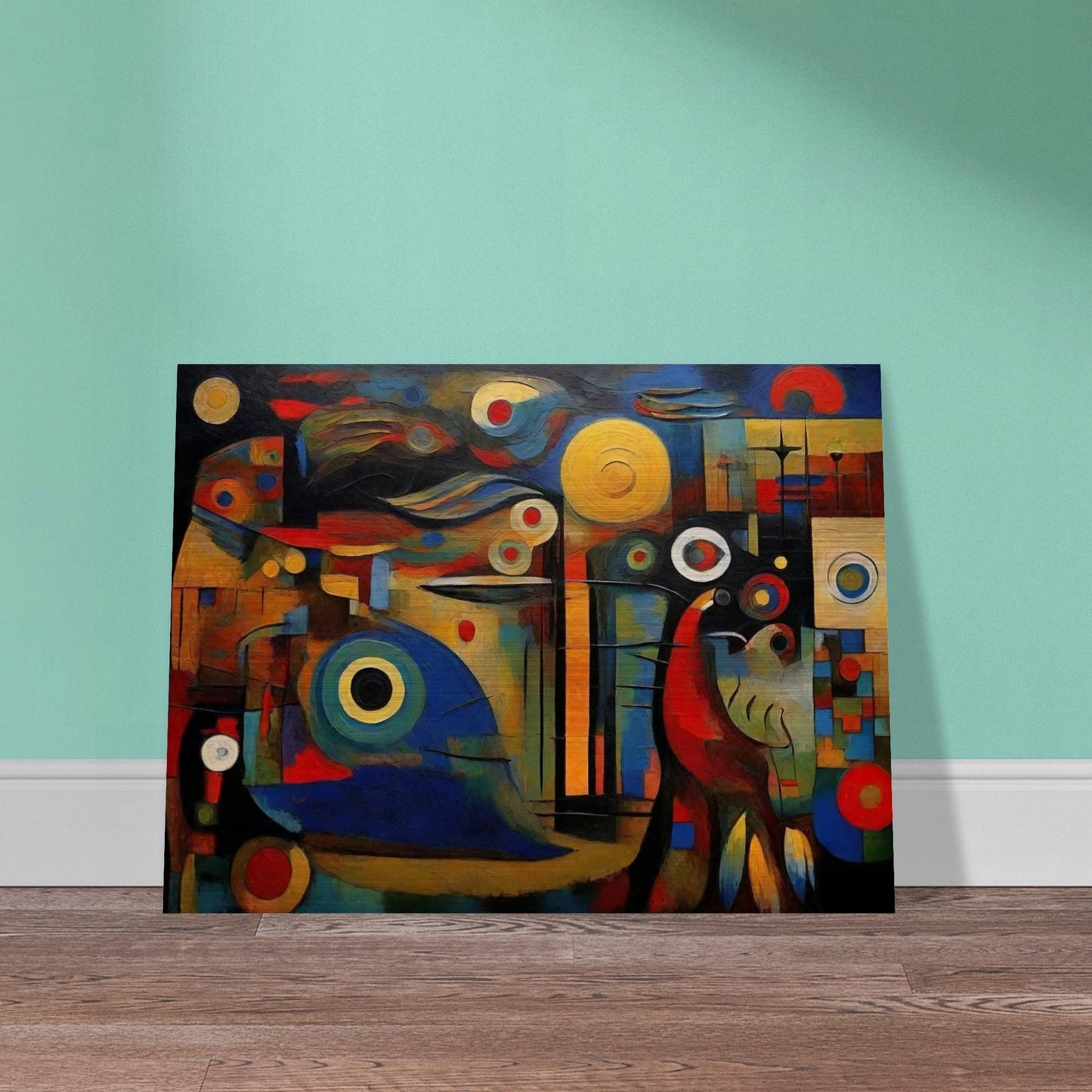 A vibrant abstract painting featuring geometric shapes, bold colors, and dynamic patterns creating a visual symphony.