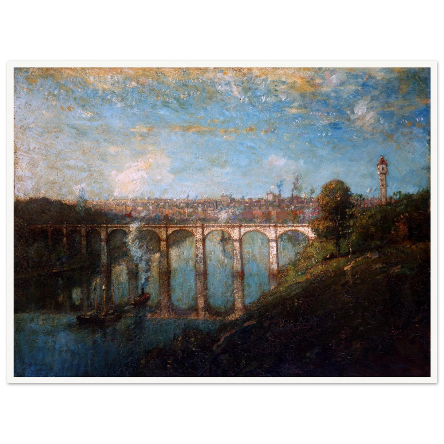 Arched bridge spans a blue river beneath a city skyline and tall tower