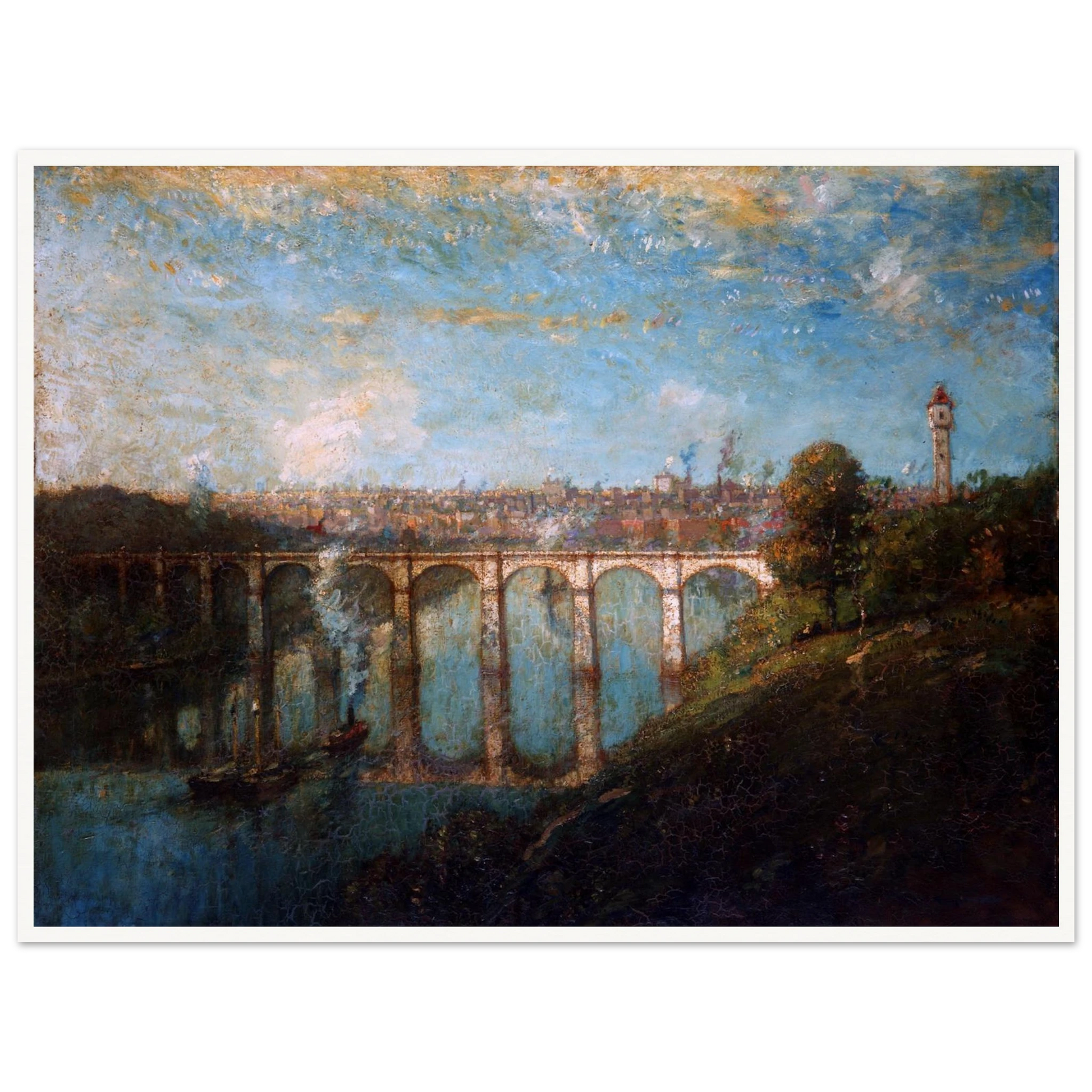 Arched bridge spans a blue river beneath a city skyline and tall tower