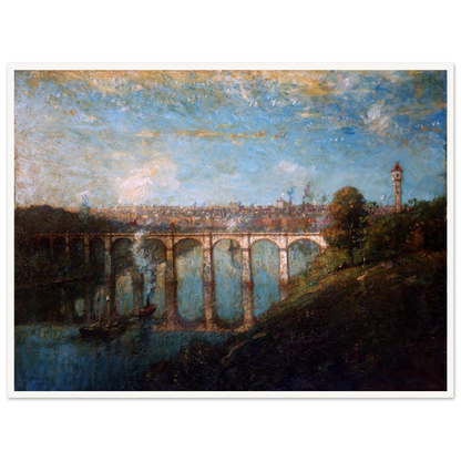 Arched bridge spans a blue river beneath a city skyline and tall tower