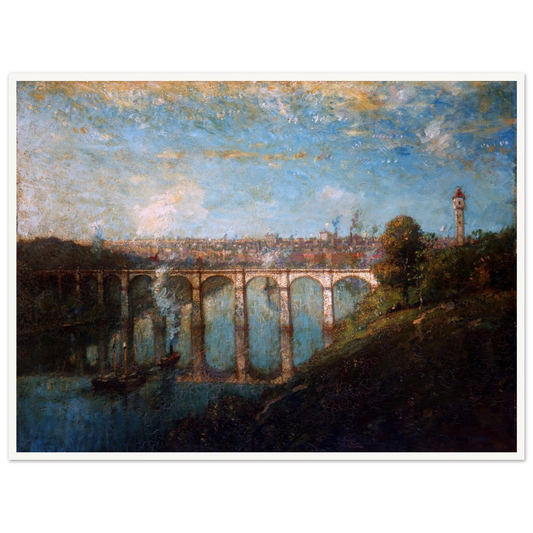 Arched bridge spans a blue river beneath a city skyline and tall tower