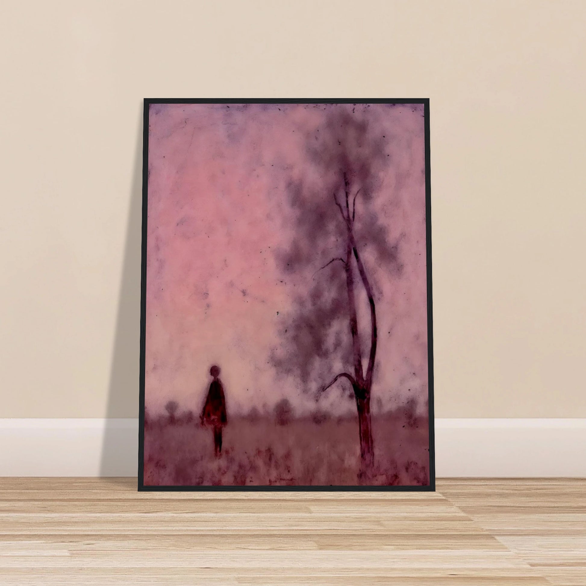 A solitary figure stands in a hazy pink field beside a tree, enveloped by a dreamlike, muted magenta atmosphere.