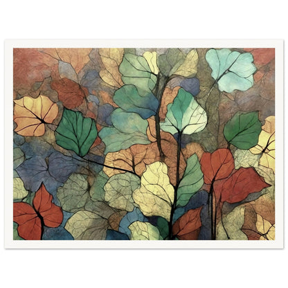 A colorful composition of overlapping leaves in shades of green, yellow, orange, and blue, creating a delicate and textured pattern that evokes the beauty of nature.