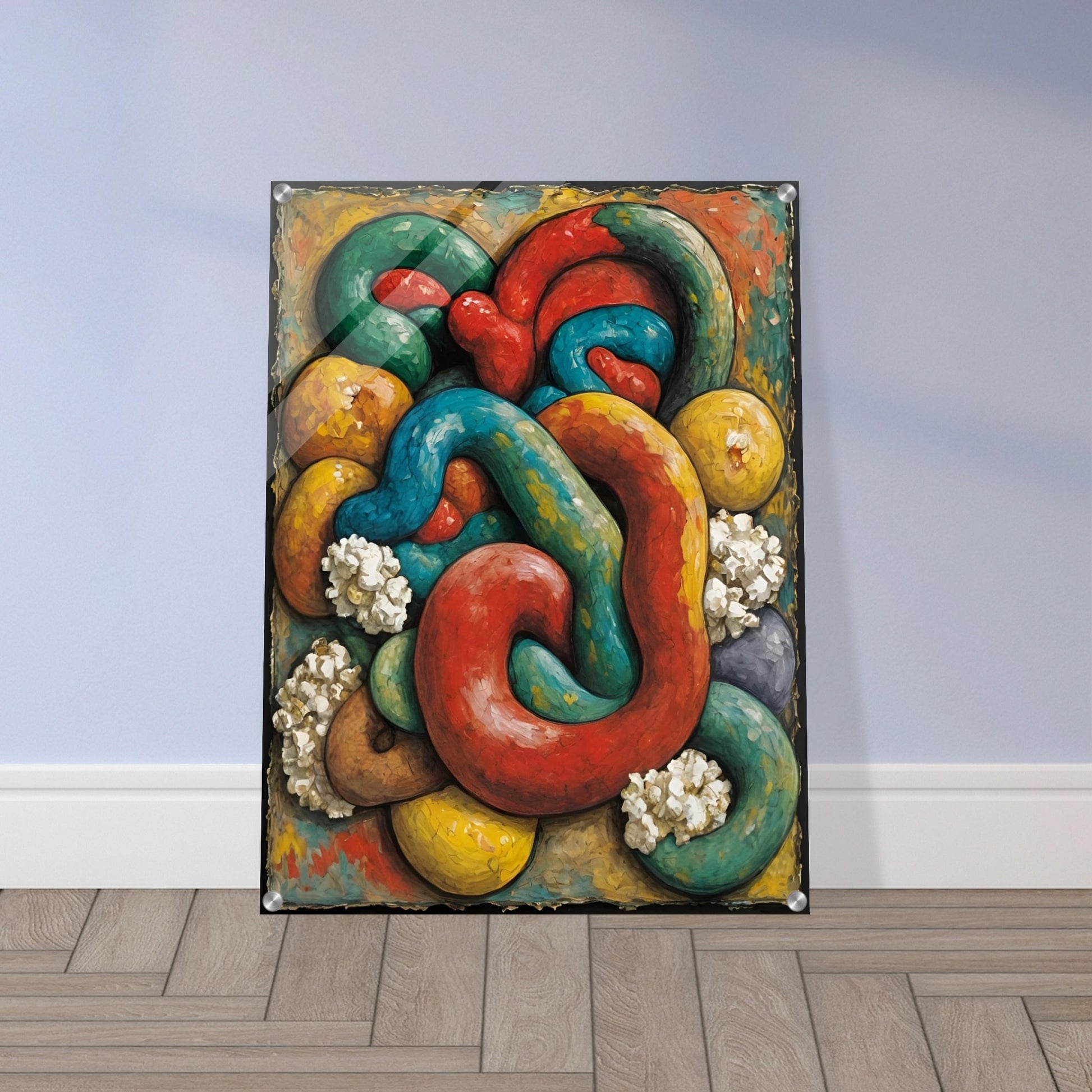 A bold, textured painting featuring intertwined, tubular forms in red, blue, green, and yellow, surrounded by organic, rounded shapes.