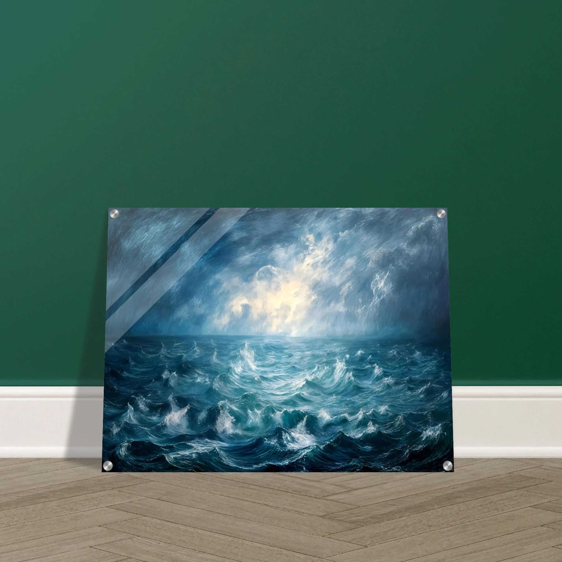 Powerful stormy seascape with churning blue waves beneath dramatic clouds, illuminated by radiant light breaking across the horizon.