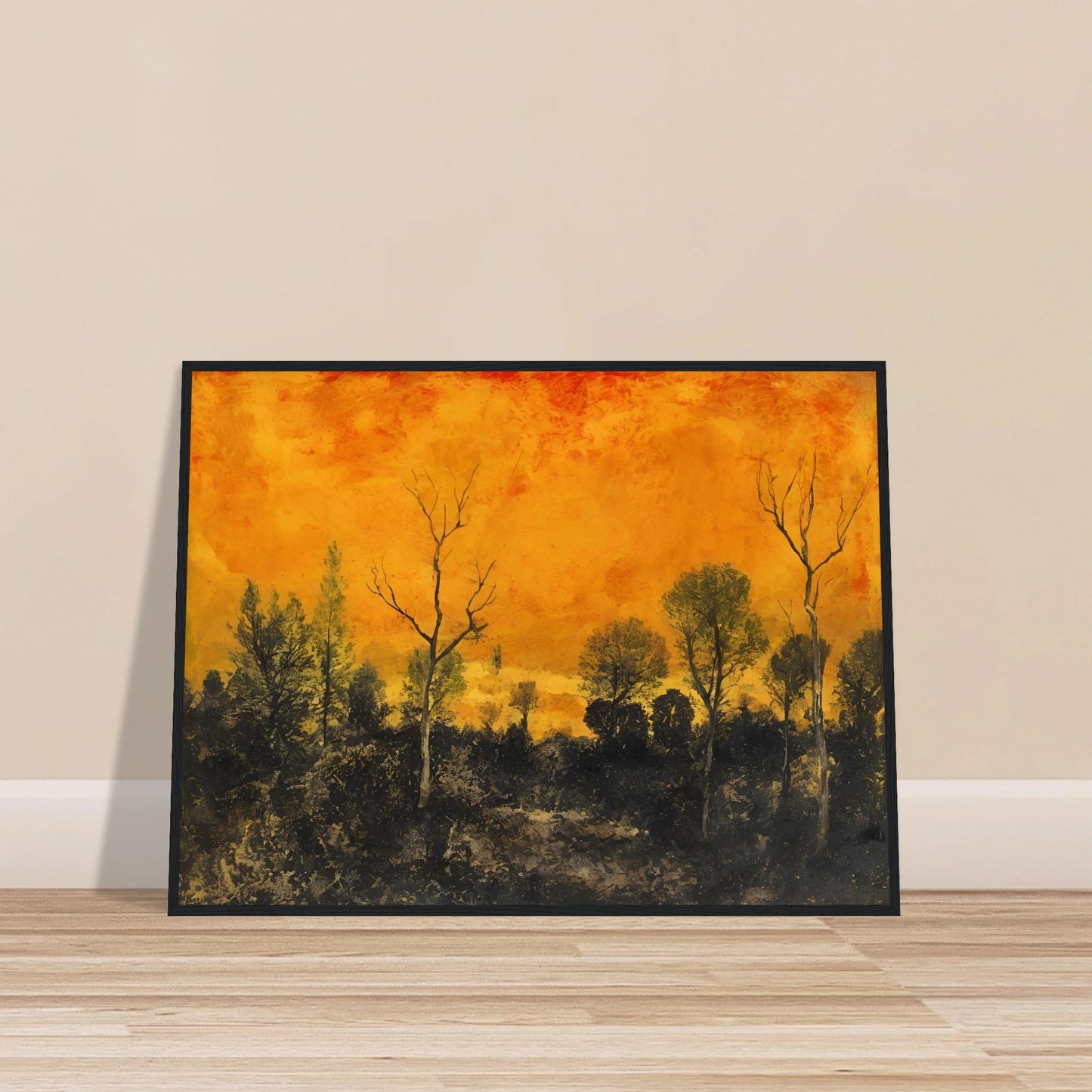 A forest silhouetted against a blazing orange sky, with leafless and leafy trees under a textured sunset.