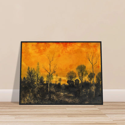 A forest silhouetted against a blazing orange sky, with leafless and leafy trees under a textured sunset.