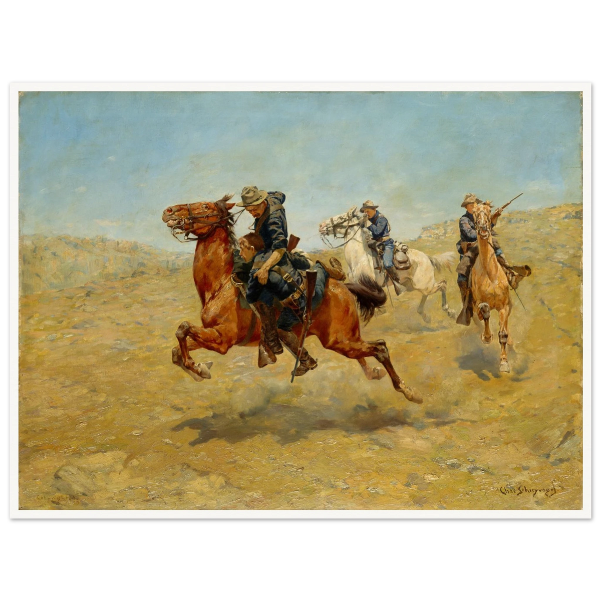 Cavalrymen ride across a dusty plain, with one soldier rescuing another on horseback.
