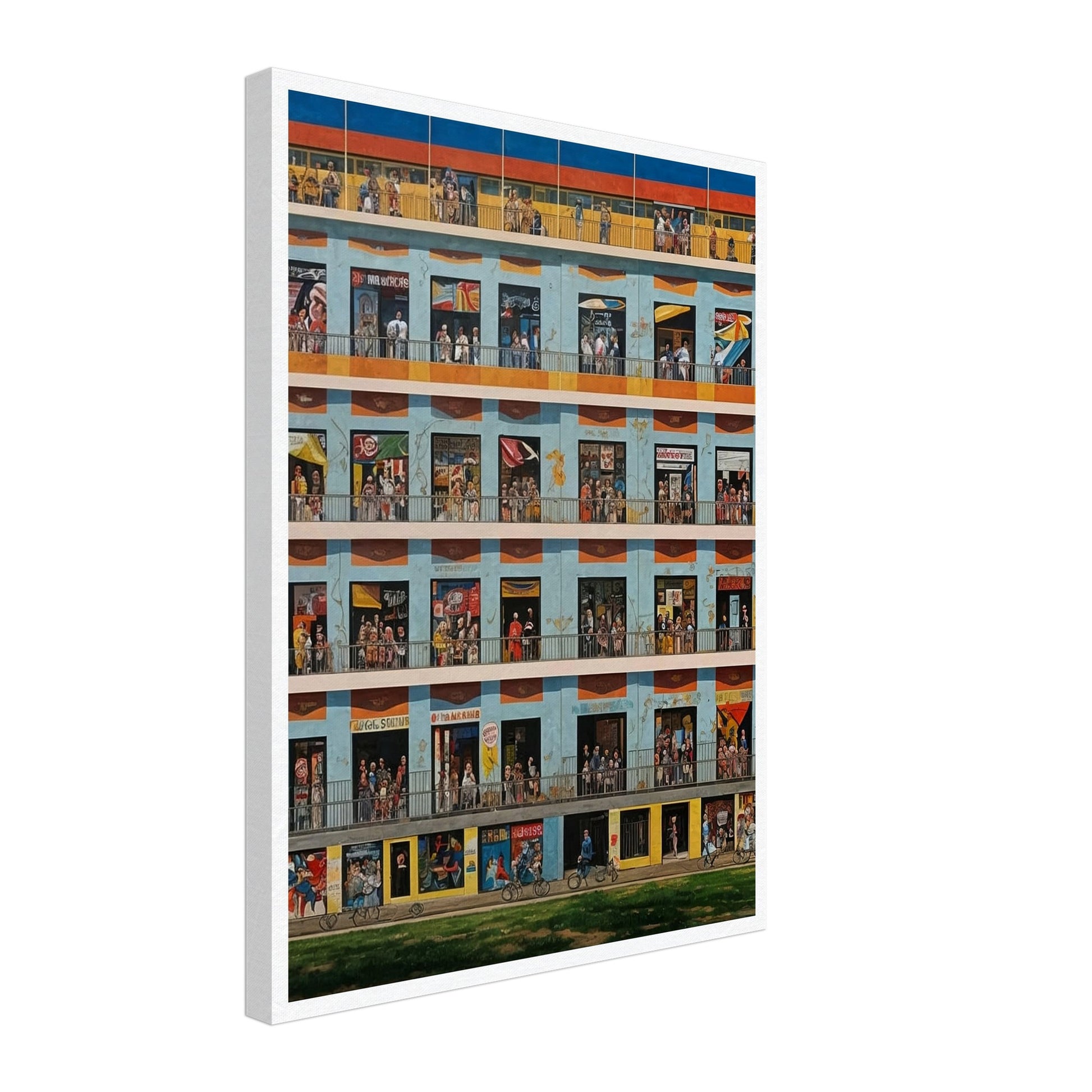 A detailed painting of a multistory building with numerous windows, each depicting different scenes of daily life.