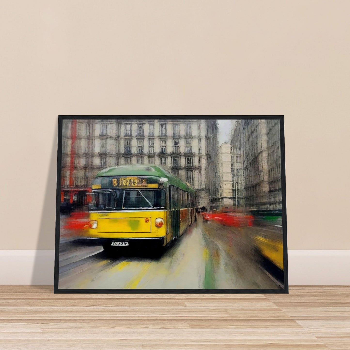 "A dynamic painting of a yellow and green tram speeding through a busy city street, with blurred surroundings capturing the movement of urban life."