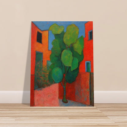 A vibrant painting depicting a green tree in the courtyard of red buildings. The bold colors and abstract style create a lively and dynamic urban scene.