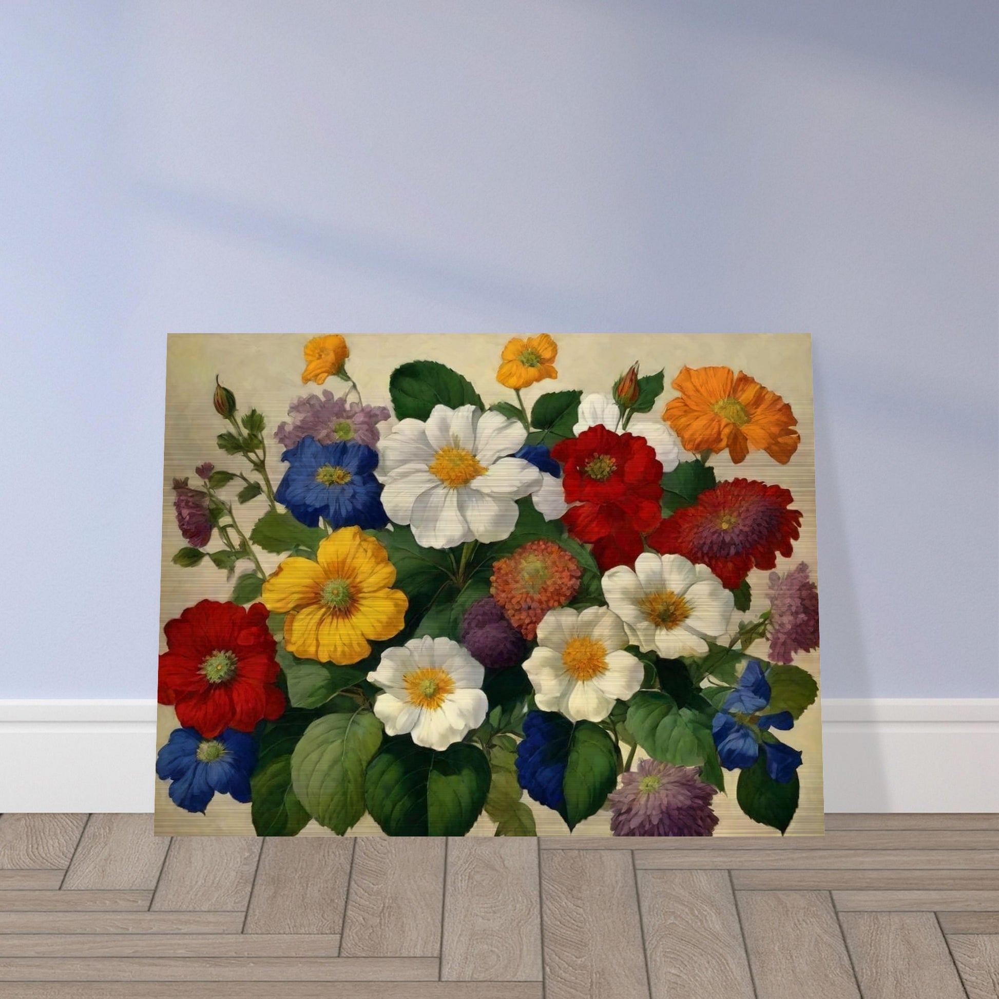 A lush bouquet of multicolored flowers with large, vibrant blooms, set against a soft, neutral background.