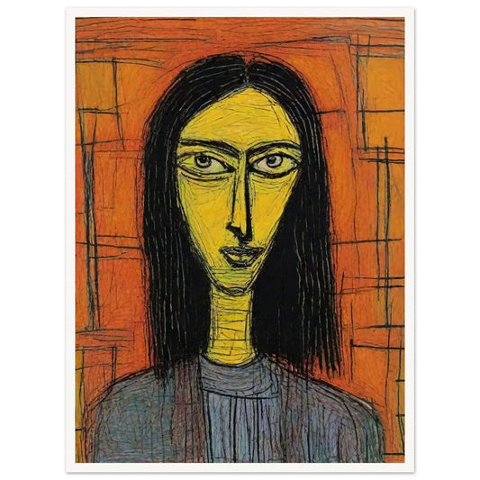 A striking expressionist portrait of a woman with a yellow face and dark hair, set against a vibrant orange background.