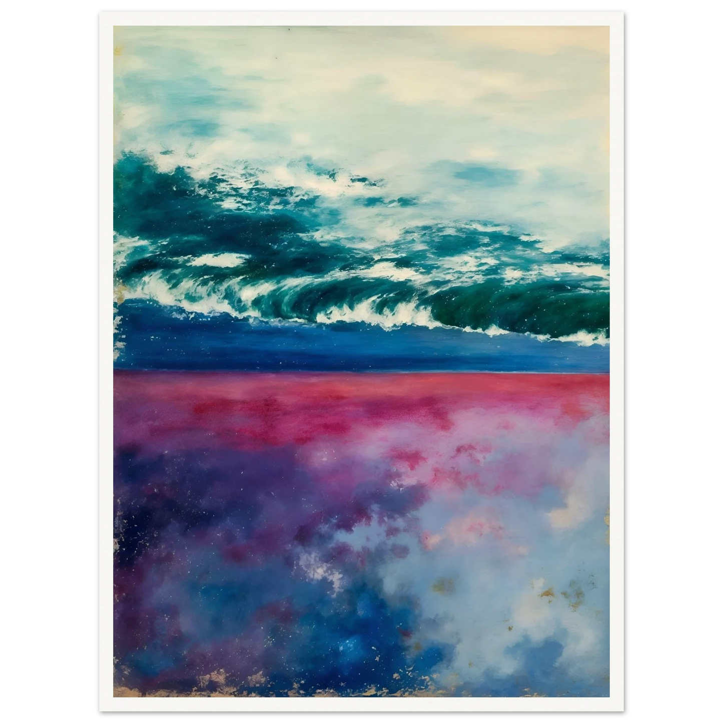 Teal ocean waves roll beneath a pale sky, with pink and blue reflections glowing below.