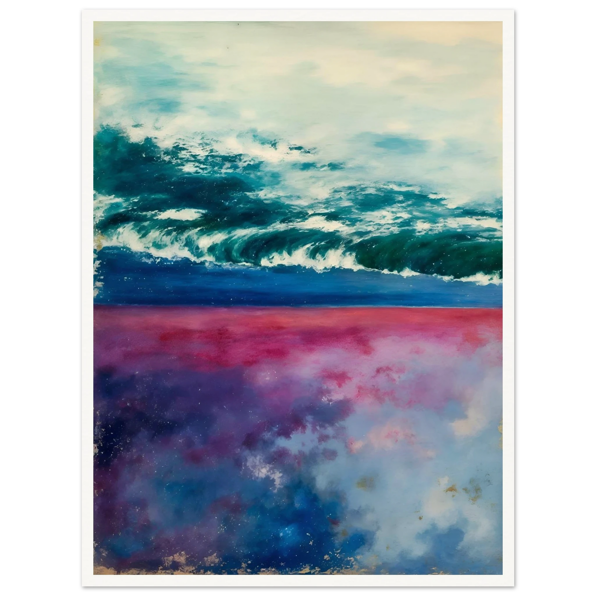 Teal ocean waves roll beneath a pale sky, with pink and blue reflections glowing below.