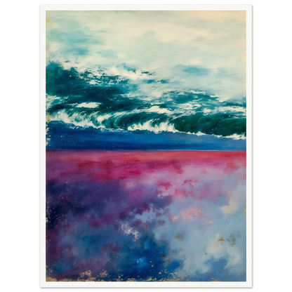 Teal ocean waves roll beneath a pale sky, with pink and blue reflections glowing below.