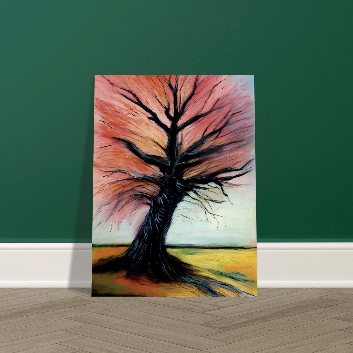 A captivating painting of a twisted tree with dark branches and vibrant pink and orange leaves, set against a serene countryside.