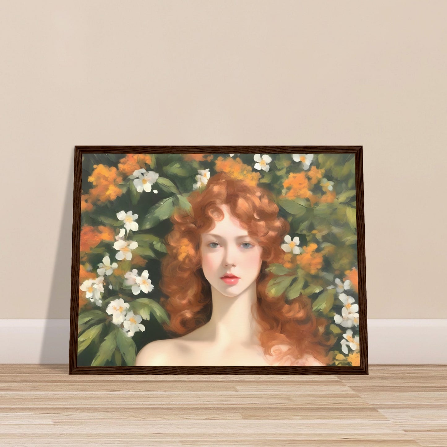 A delicate portrait of a woman with flowing red curls, surrounded by lush green foliage and blooming white and orange flowers, evoking a dreamlike elegance.