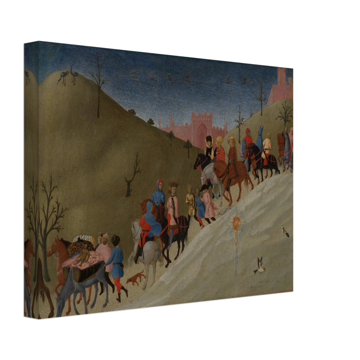A procession of riders travels through rolling hills toward a pink city under a dark blue sky.