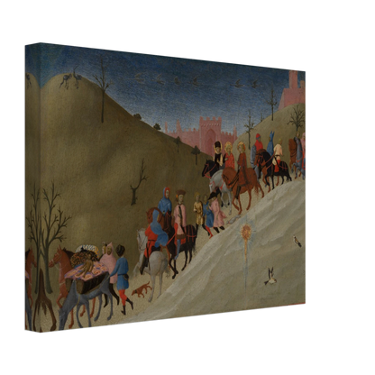 A procession of riders travels through rolling hills toward a pink city under a dark blue sky.