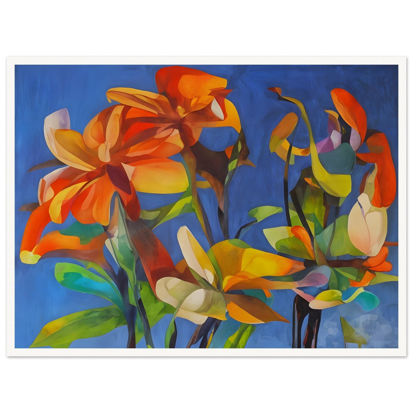 A vibrant floral painting with bold orange, yellow, and green flowers against a deep blue background, creating a striking contrast of warm and cool tones