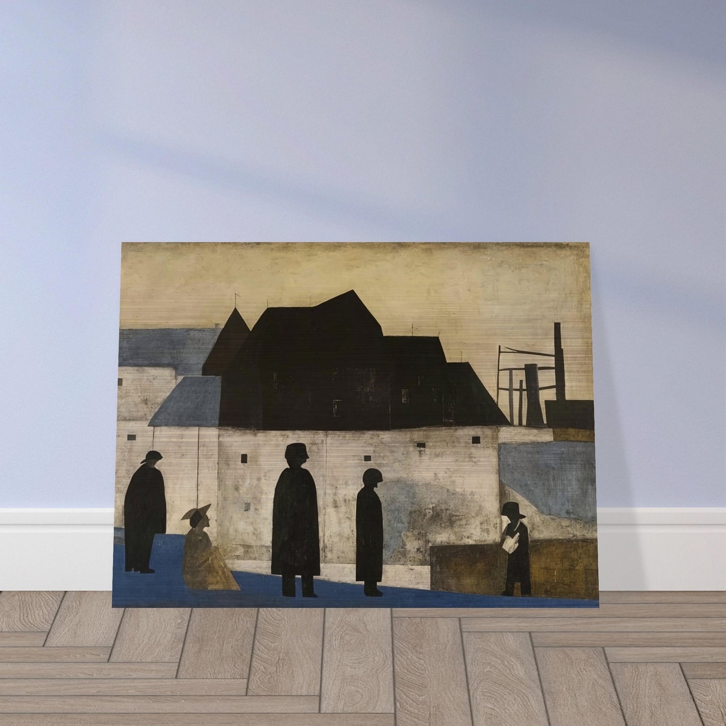 A painting of silhouetted figures in a townscape with dark buildings and industrial structures against a muted sky.