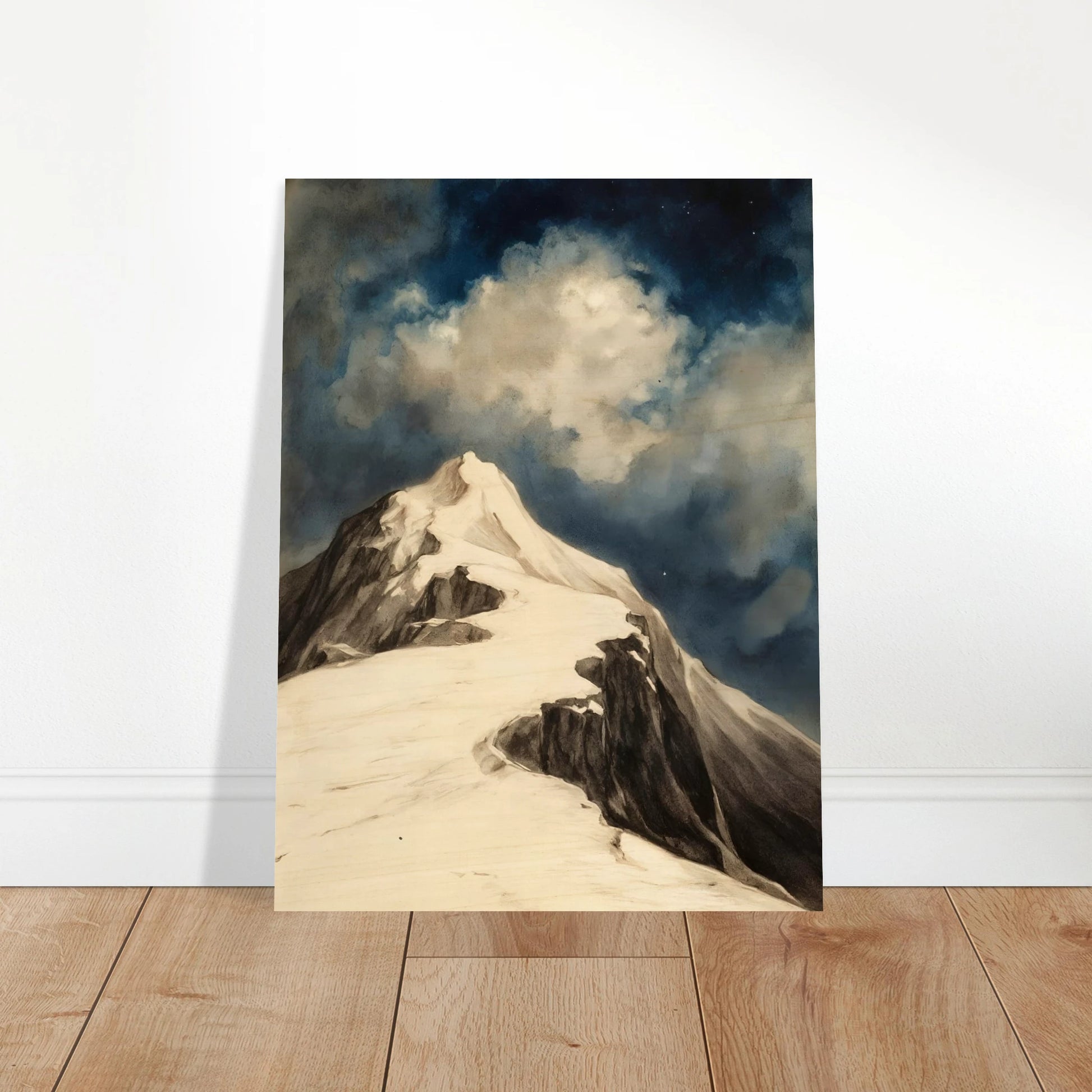 A snow-covered mountain peak rises beneath luminous clouds and a deep midnight sky, capturing solitude and awe.