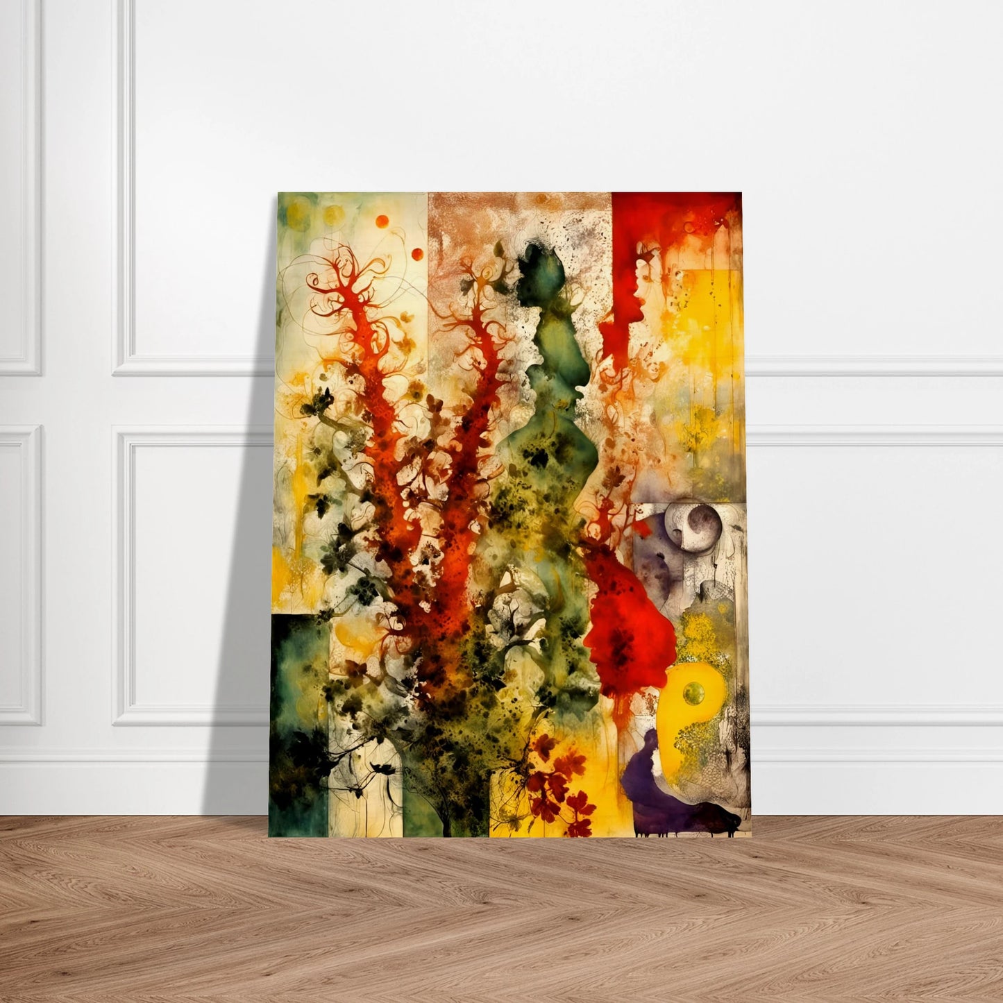 Vivid bursts of red, green, and yellow flow across abstract silhouettes and flora in a dreamlike, nature-inspired composition.