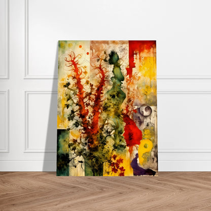 Vivid bursts of red, green, and yellow flow across abstract silhouettes and flora in a dreamlike, nature-inspired composition.