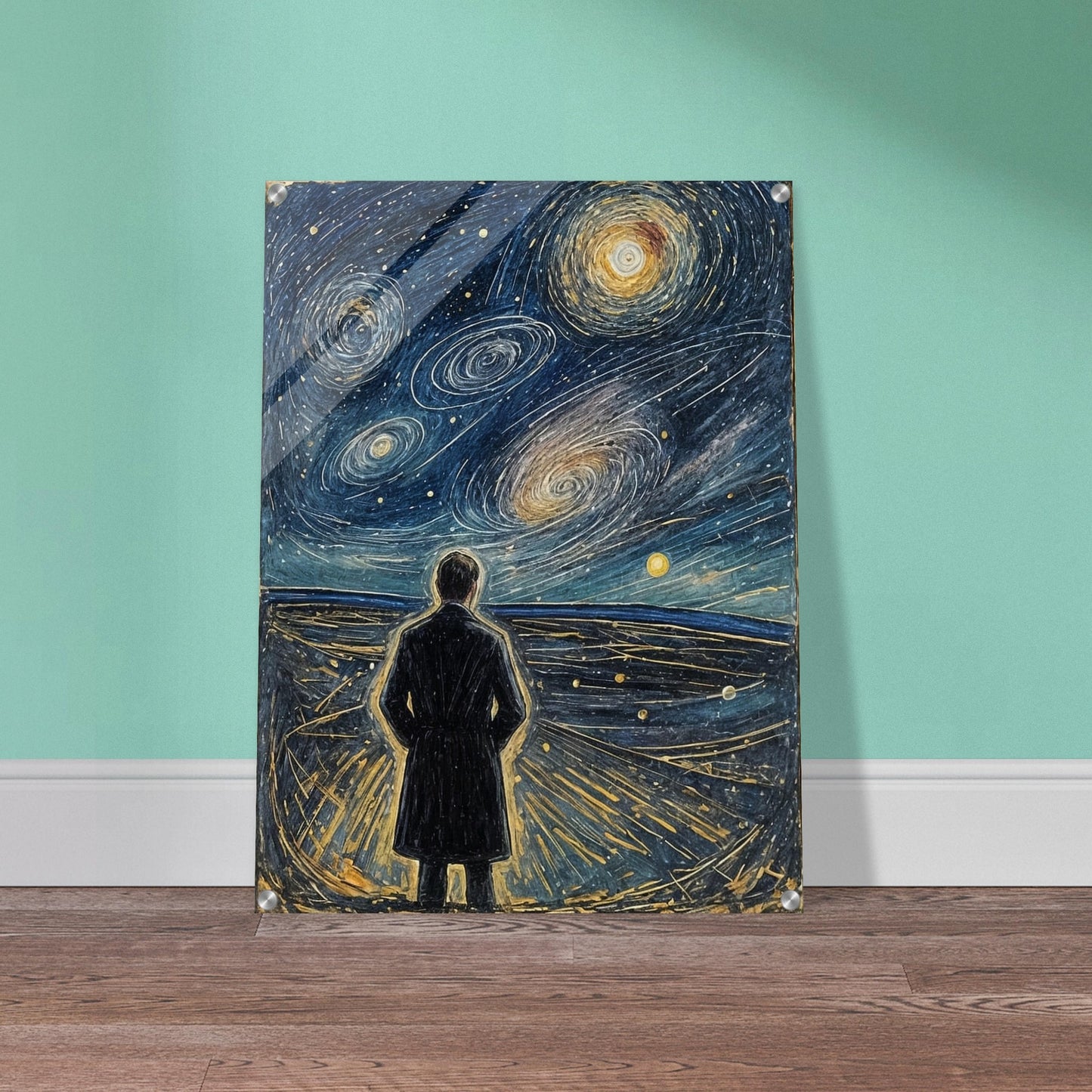 A figure stands on a vast plain, gazing up at a swirling, star-filled night sky with spiral galaxies glowing above.