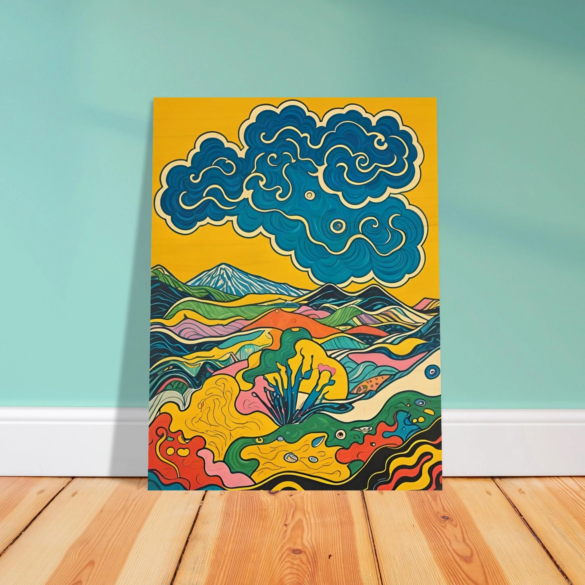 A vivid, psychedelic landscape of colorful hills and blue swirling clouds under a golden sky.