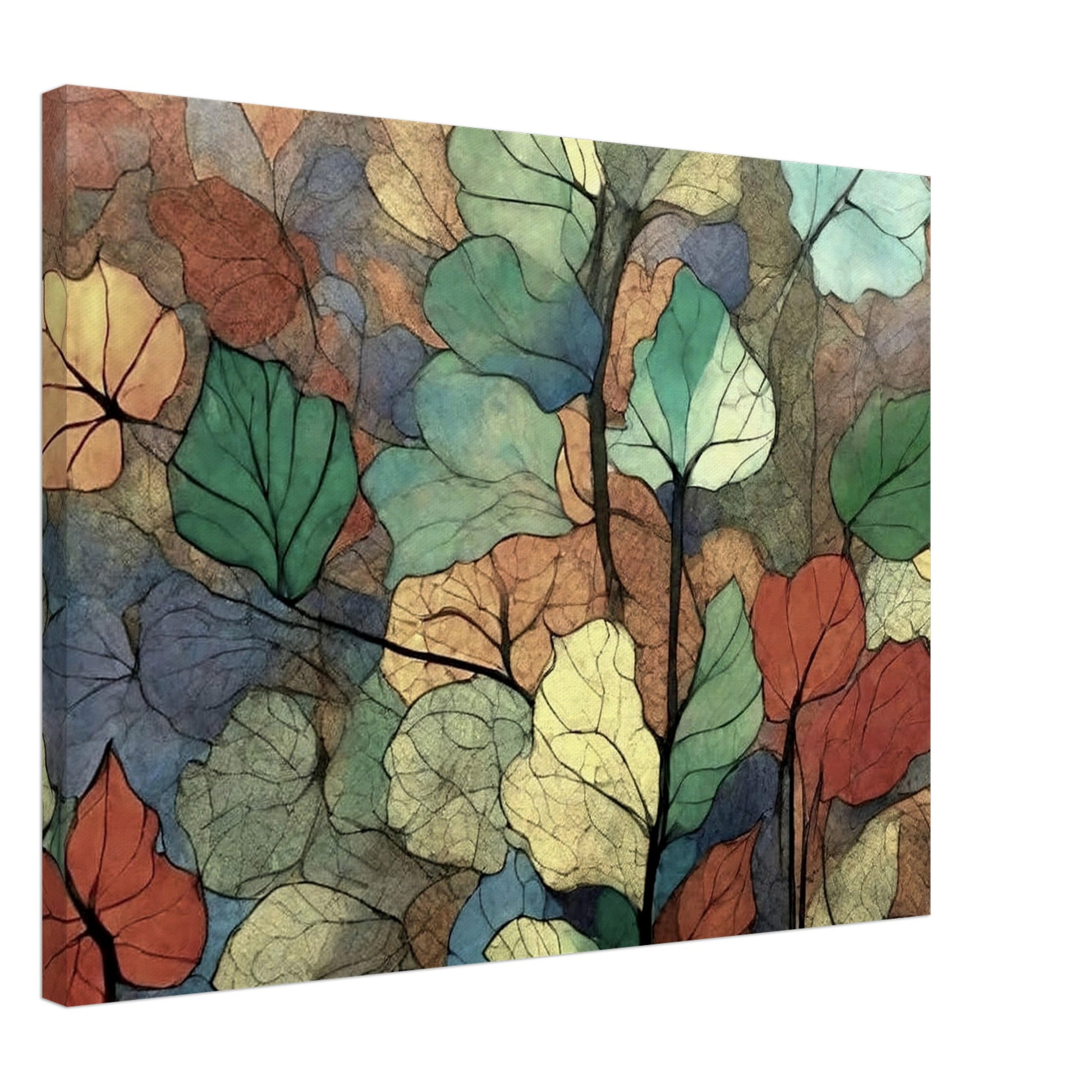 A colorful composition of overlapping leaves in shades of green, yellow, orange, and blue, creating a delicate and textured pattern that evokes the beauty of nature.