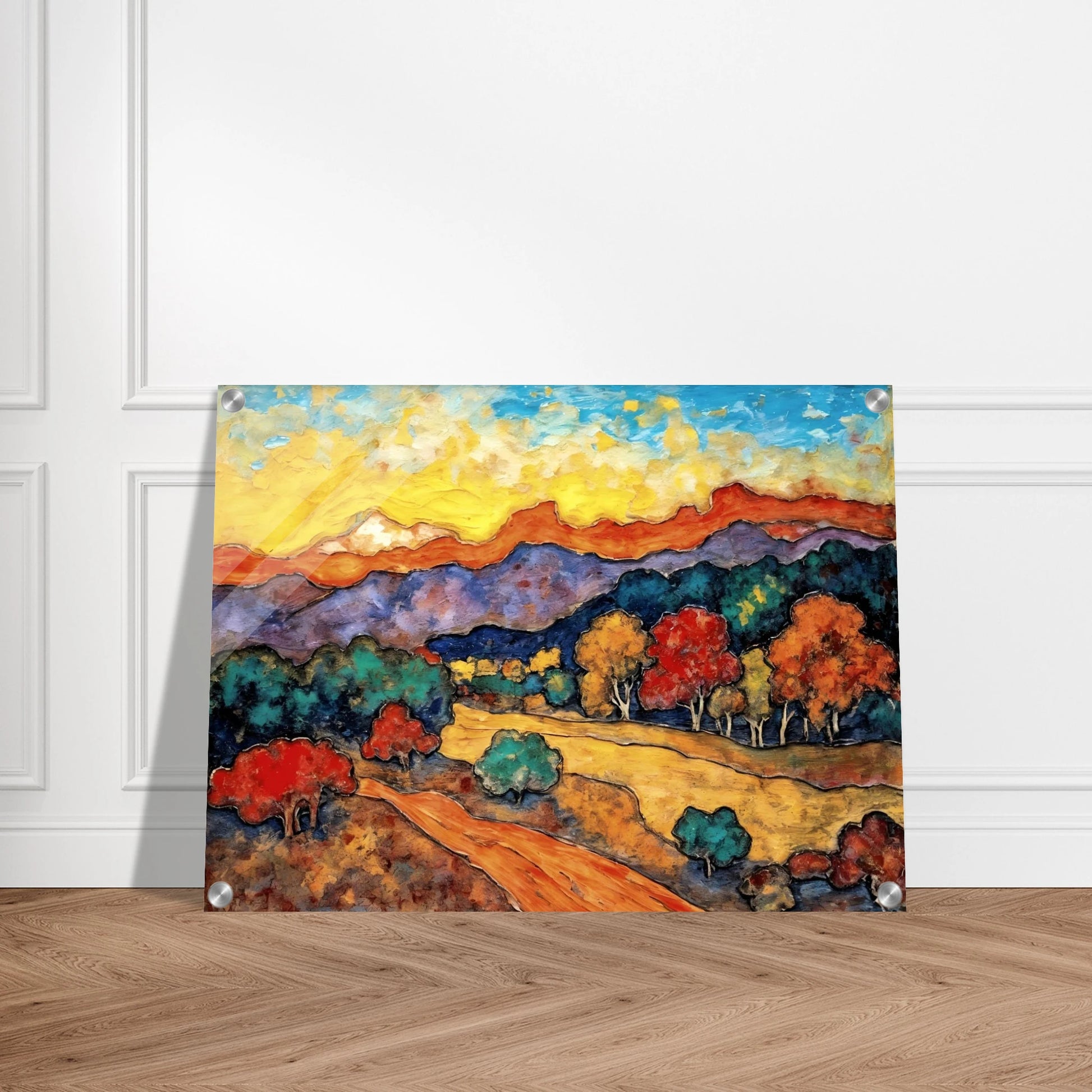 Vivid hills and colorful trees glow beneath a radiant sky, with winding paths crossing a countryside of warm hues.