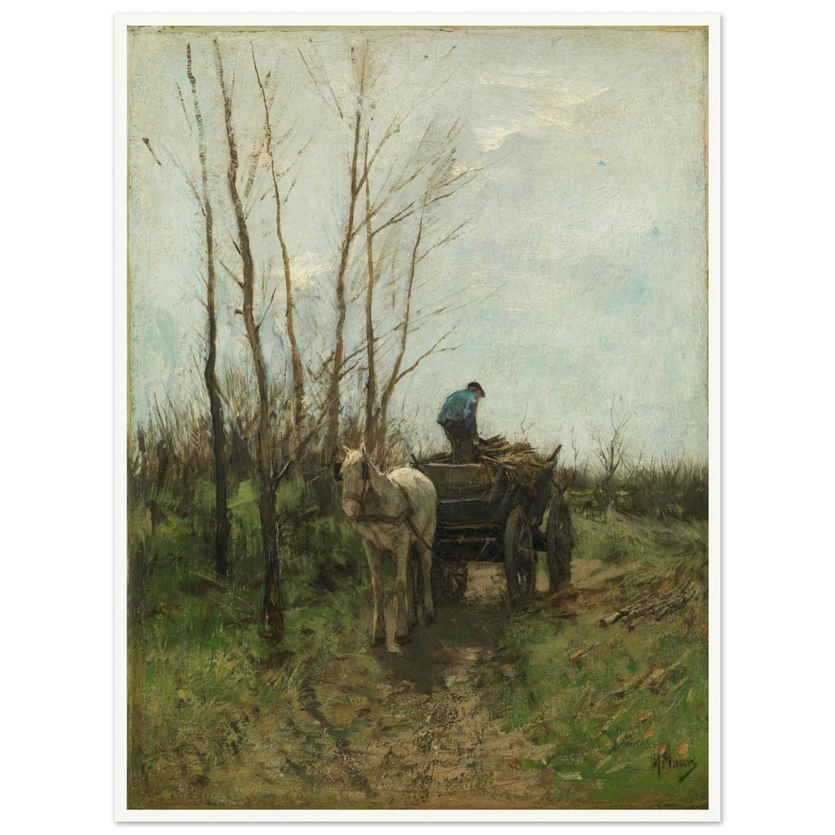 A man loads branches onto a horse cart along a muddy lane beneath bare trees.