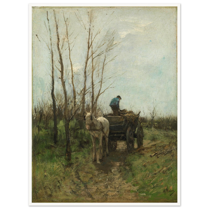 A man loads branches onto a horse cart along a muddy lane beneath bare trees.