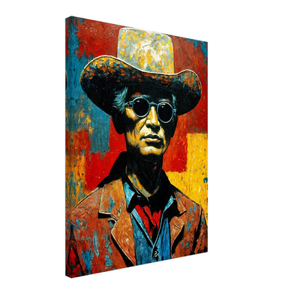 A bold, textured portrait of a cowboy in a weathered hat and sunglasses, set against a vibrant red, yellow, and blue background.