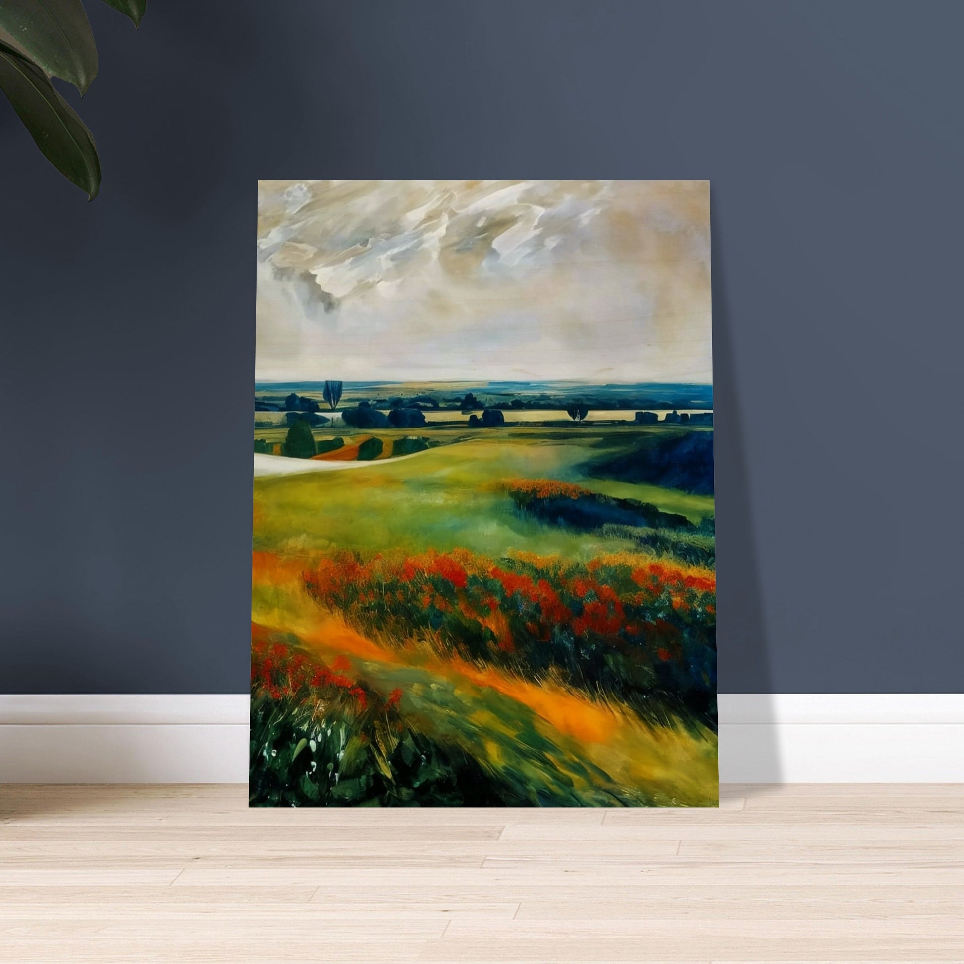 A serene landscape painting of rolling meadows with vibrant wildflowers and distant trees under a dramatic sky.