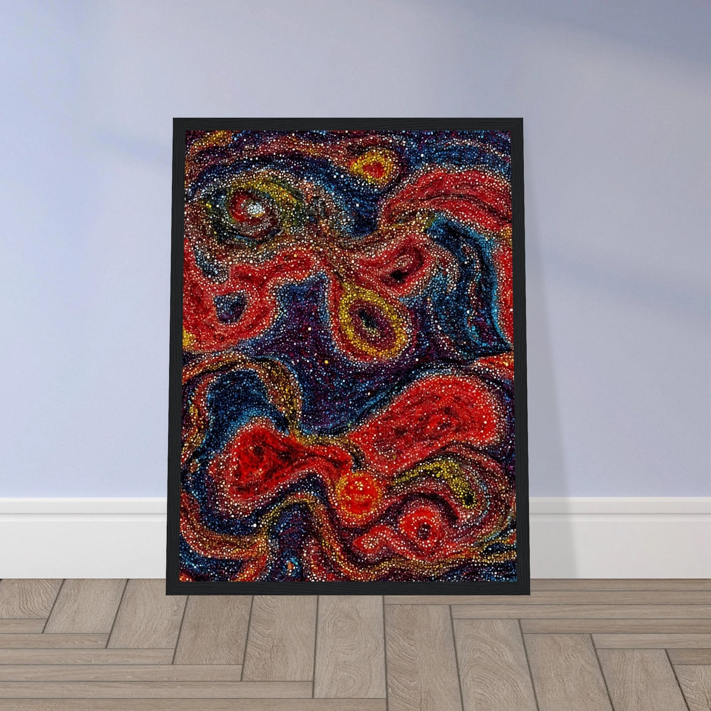 Swirling red, blue, and gold forms shimmer through dotted textures, evoking a radiant cosmic dance of color and energy.