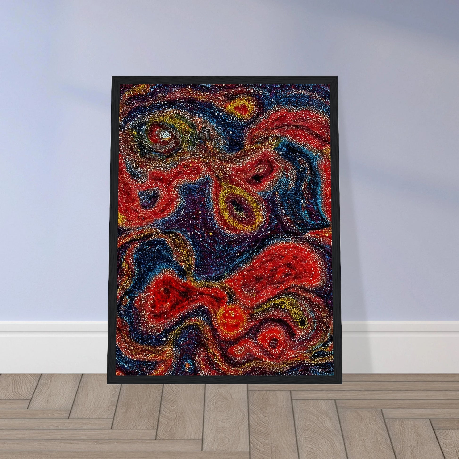 Swirling red, blue, and gold forms shimmer through dotted textures, evoking a radiant cosmic dance of color and energy.